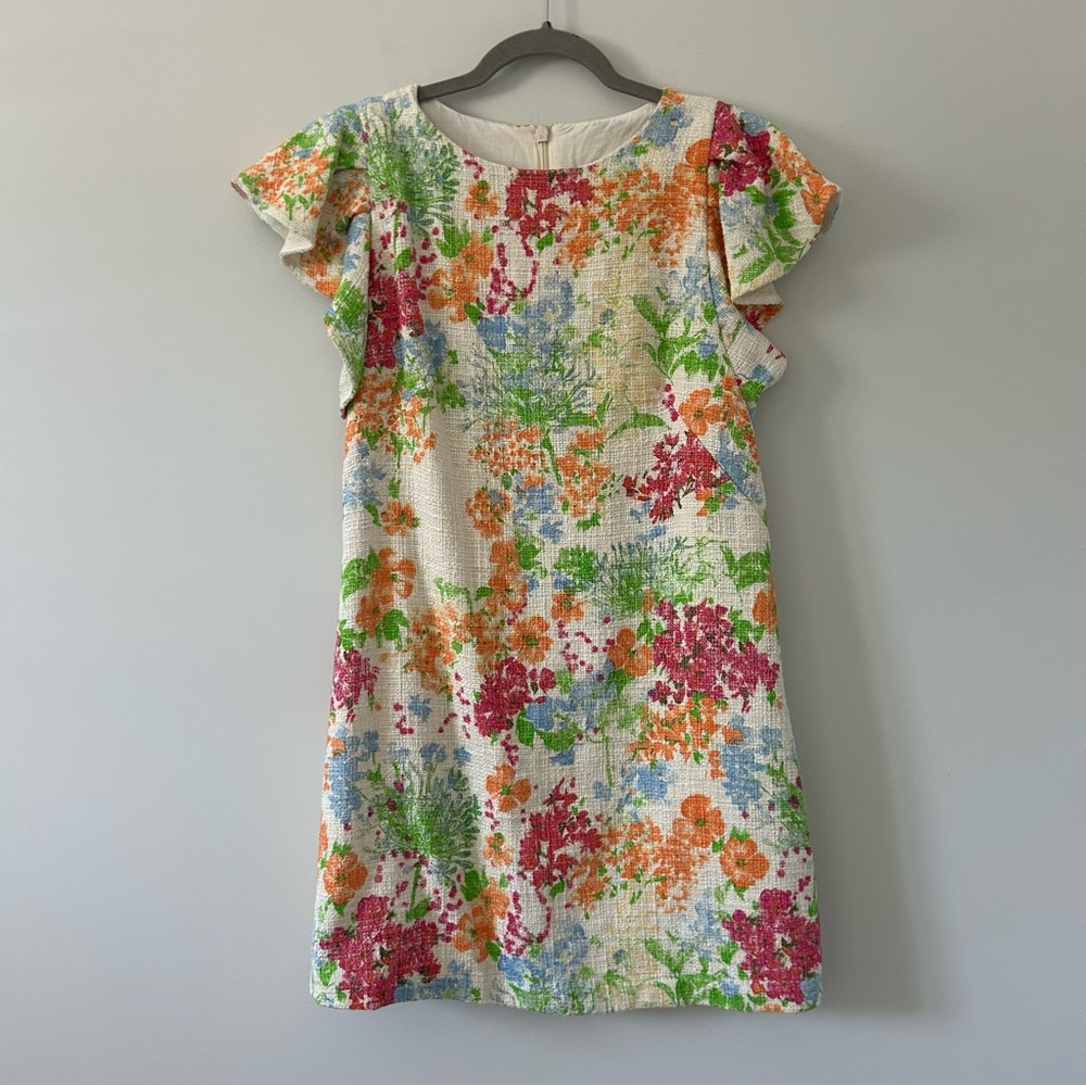 ASOS Cream Floral Print Tweed Textured Flutter Sleeve Shift Mini Boho Dress 8
